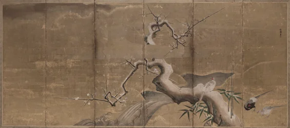 Winterscène met pruimenbomen en fazanten vogels links, begin 1600s