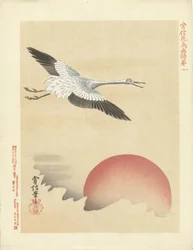 Kraanvogel vliegend bij rode maan (Bloemen- en vogelschetsen van Kano Tsunenobu)