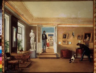 In de kamer (Een man speelt met een hond, terwijl een ander hen observeert).