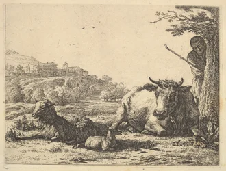 Koe, volwassen schaap en jong schaap liggend in het gras, verderop staat een herder gedeeltelijk, 1656