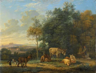 Landschap met twee ezels, geiten en varkens