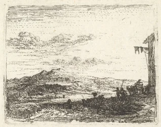 Landschap met hoek van gebouw en luifel uiterst rechts, twee figuren en een paard, ca. 1641-78