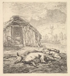 Drie Varkens die op hun Zij Liggen, een Varkensstal en Voederbak op de Achtergrond