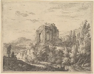 Zicht op ruïnes met de hoek van een gebouw met twee boogramen, in een landschap, 1658