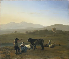 Een uitgestrekt landschap in de Romeinse Campagna, met vee en herders, 1975