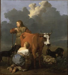 Boerenmeisje dat een koe melkt