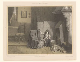 Interieur met een meisje bij de wieg