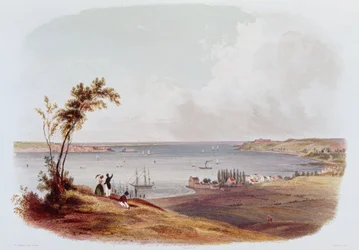 Toegang tot de Baai van New York, Staten Island, gegraveerd door Salathe (kleur litho)
