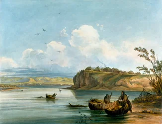 Mandan Native American vrouwen steken de Missouri-rivier over op boten gemaakt van buffelhuid, Native American beschaving, Verenigde Staten