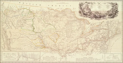 Kaart ter illustratie van de route van prins Maximiliaan van Wied in het binnenland van Noord-Amerika van Boston naar de Boven-Missouri