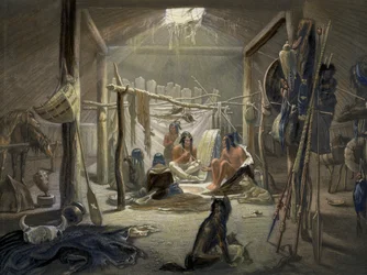 Het interieur van een hut van een Mandan-hoofdman, plaat 19 uit Volume 2 van Reizen in het Binnenland van Noord-Amerika, gegraveerd door Narcisse Desmadryl, 1844 (detail)