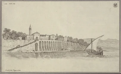 Gezicht op het voormalige franciscanenklooster St. Bernardin tussen Portorož en Piran in Istrië, Slovenië
