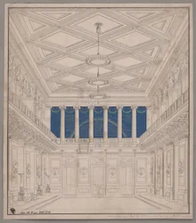 Berlijn. Schauspielhaus aan de Gendarmenmarkt, concertzaal. Decoratie voor het feest van de natuuronderzoekers