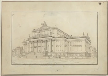 Berlijn. Schauspielhaus aan de Gendarmenmarkt. Perspectivisch aanzicht van de voorzijde
