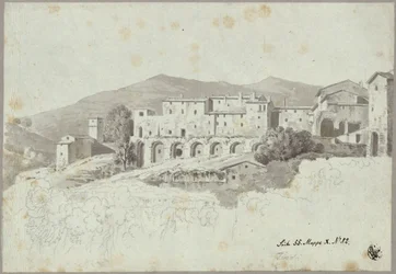 Gezicht op de in de periode na de oudheid overbouwde cryptoporticus aan de Piazza Domenico Tani in Tivoli