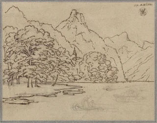 Berglandschap met meer, vermoedelijk de Traunsee met de Kleiner Sonnstein