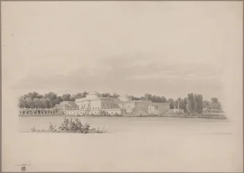 Potsdam-Sanssouci. Antiek landhuis bij paleis Charlottenhof. Perspectivisch gezicht vanuit het noordoosten