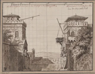Ratibor en Wanda. Toneelstuk van Jakob Andreas Konrad Levezow. Ontwerp voor het 3e decor. Kasteel met uitzicht op bergen
