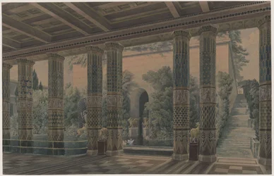 Paleis Orianda op de Krim. Antiek ontwerp. Ontvangsthal, keizerlijke tuin