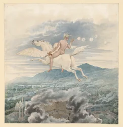Vrouwelijke figuur (zeepbellenblaasster) als allegorie op Christian Peter Wilhelm Beuth, rijdend op Pegasus boven een industriestad