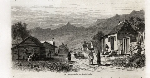 Het kamp Creool, in Port Louis, tekening door Karl Girardet (1813-1871), ter illustratie van Alfred Verney