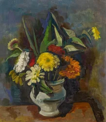 Boeket in grijze vaas (zinnias)