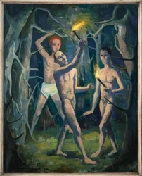 Mannen met fakkels in het bos