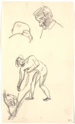 Verschillende kleine schetsen: Twee hoofden van een paar figuren (compositieontwerp?)