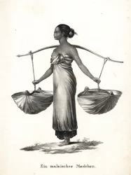 Maleis meisje met opgestoken haar draagt sneakers aan een juk. Lithografie door Karl Joseph Brodtmann uit Heinrich Rudolf Schinz