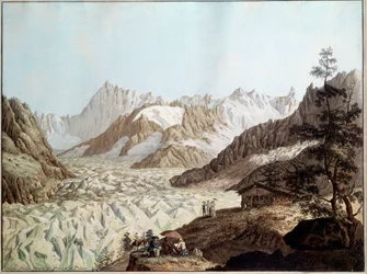 Uitzicht op de zee van ijs van de Mont Avert bij Chamonix in de Alpen