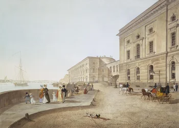 Uitzicht op de Neva-oever bij het Oude Hermitage-gebouw
