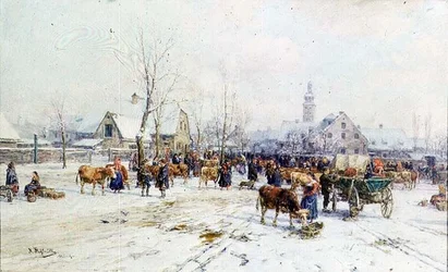 Een veemarkt in de winter