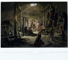 Het Interieur van de Hut van een Mandan Hoofdman, gegraveerd door Narcisse Edmond Desmadryl (c.1835)