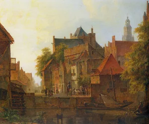 Gezicht op een stad met een smid aan het werk op een kade