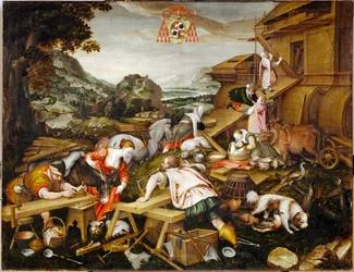De bouw van de Ark van Noach (schilderij op doek)