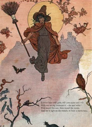 Een heks en haar bezem omringd door zwarte katten, vleermuis en uil. (Jongens en meisjes, willen jullie met mij op mijn bezemsteel rijden?) Illustratie door Kate Greenaway (1846-1901) uit het boek met verhalen en kinderrijmpjes 