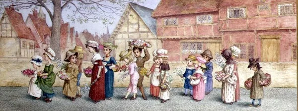 Processie van zestien kinderen die bloemen dragen, ca.1876