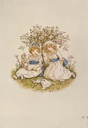 Twee meisjes met poppen zittend onder een rozenstruik, 19e eeuw