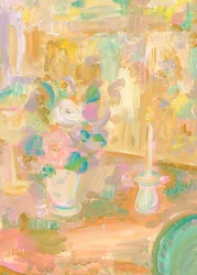 Impressionistisch schilderij van bloemen en een kaars