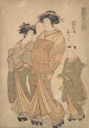 De Oiran Wakoku van Echizen-ya vergezeld door een Shinzo en een Kamuro, ca. 1778