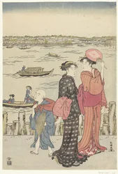 Twee vrouwen en een jongetje op de kade bij een rivier