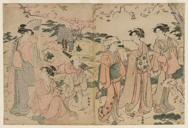 Vrouwen bekijken kersenbloesems in Asukayama, 1780s