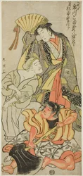 Acteur Ichikawa Komazô III als Nyosan no Miya (De derde prinses), Ukare Zatô (Een blinde straatartiest), en Sakata no Kaidô-maru in "Uitgebreid zomerfestival" ("Zôho natsu matsuri")