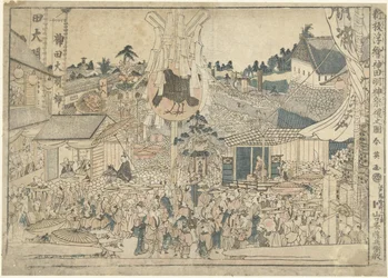 Gezicht op het festival bij het Myojin heiligdom in Kanda