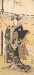 De acteur Nakayama Tomisaburo als een vrouw bij een picknick onder herfst esdoornbomen, ca. 1792