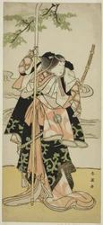 De acteur Segawa Kikunojo III als Lady Tomoe (Tomoe Gozen) in het toneelstuk Yasa Gumbai Miyako no Jindori, opgevoerd in het Miyako Theater in de Elfde Maand, ca. 1793 (kleurenhoutsnede; hosoban)