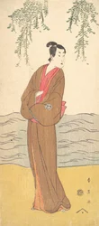 De derde Segawa Kikunojo als Hisamatsu staand op de oever, ca. 1795