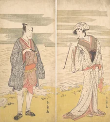 Twee acteurs: de vierde Matsumoto Koshiro als een man gekleed in een korte kimono [links], 1779