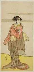 De acteur Iwai Hanshiro IV als Hitomaru vermomd als de geisha Oshun in het toneelstuk Edo no Hana Mimasu Soga, opgevoerd in het Nakamura Theater in de derde maand, 1783