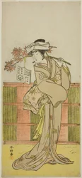 De acteur Iwai Hanshiro IV als Umegae vermomd als de vrouwelijke waarzegster Omatsu in het toneelstuk Mukashi Otoko Yuki no Hinagata, opgevoerd in het Ichimura Theater in de elfde maand, 1781